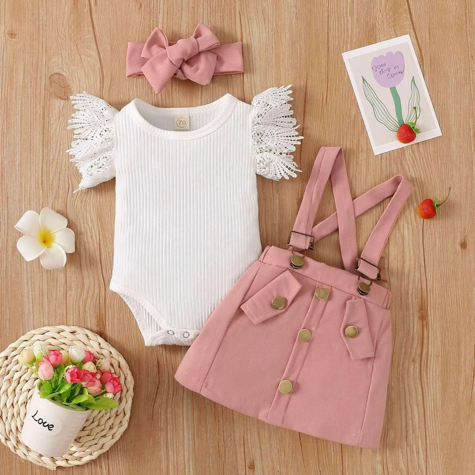 Lace Romper & Suspender Skirt Set with Headband - Baby Girl (3Pcs)