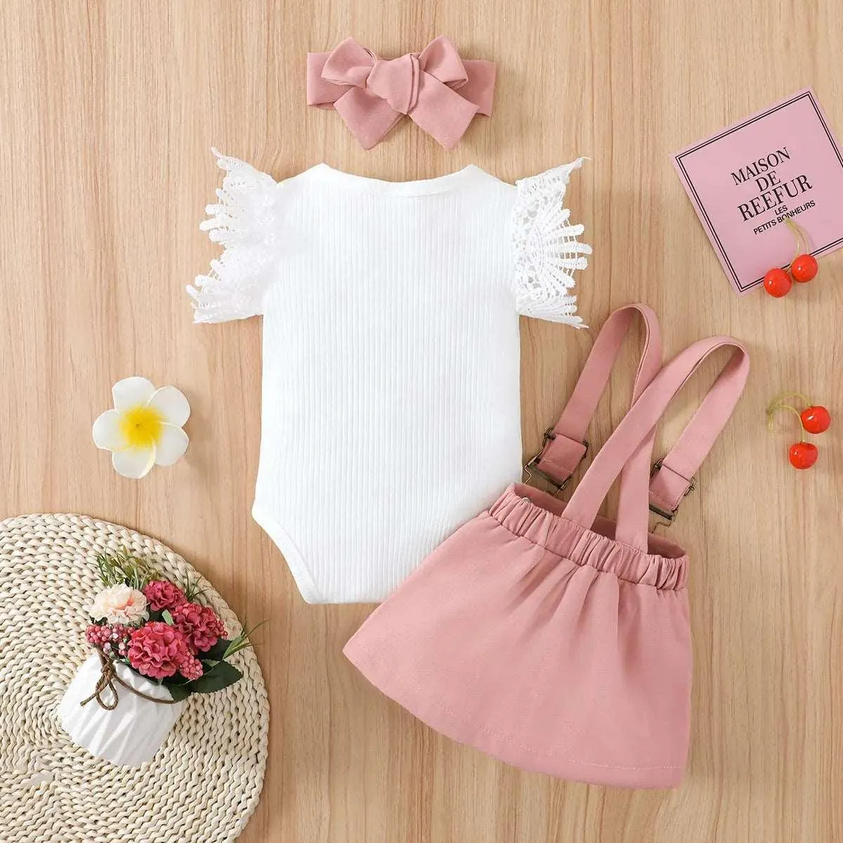 Lace Romper & Suspender Skirt Set with Headband - Baby Girl (3Pcs)