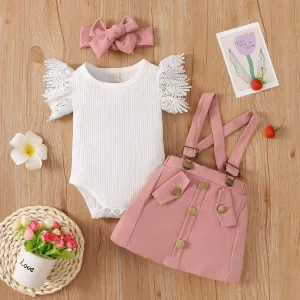 Lace Romper & Suspender Skirt Set with Headband - Baby Girl (3Pcs)