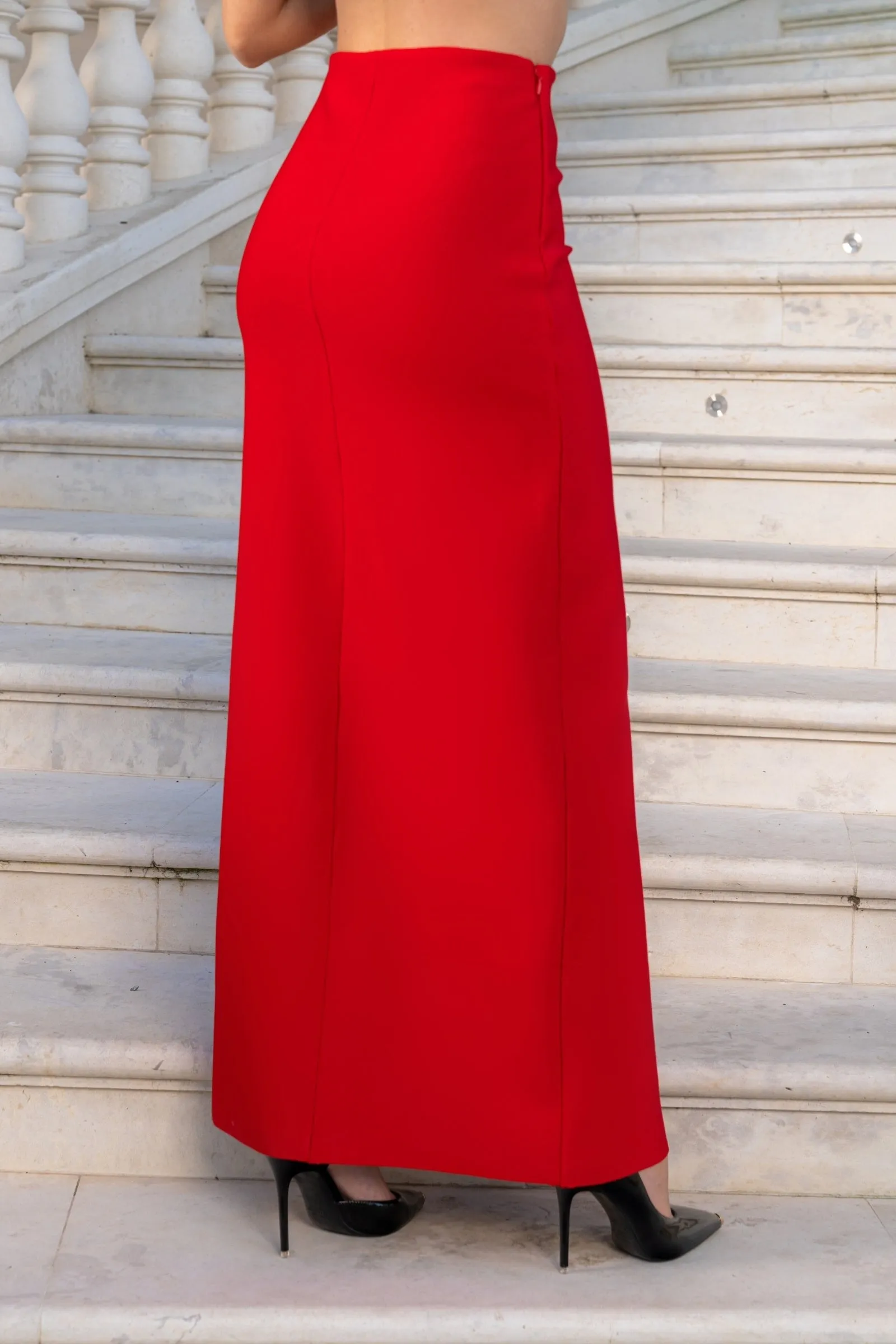 Long Cutout Skirt with Roses - Red
