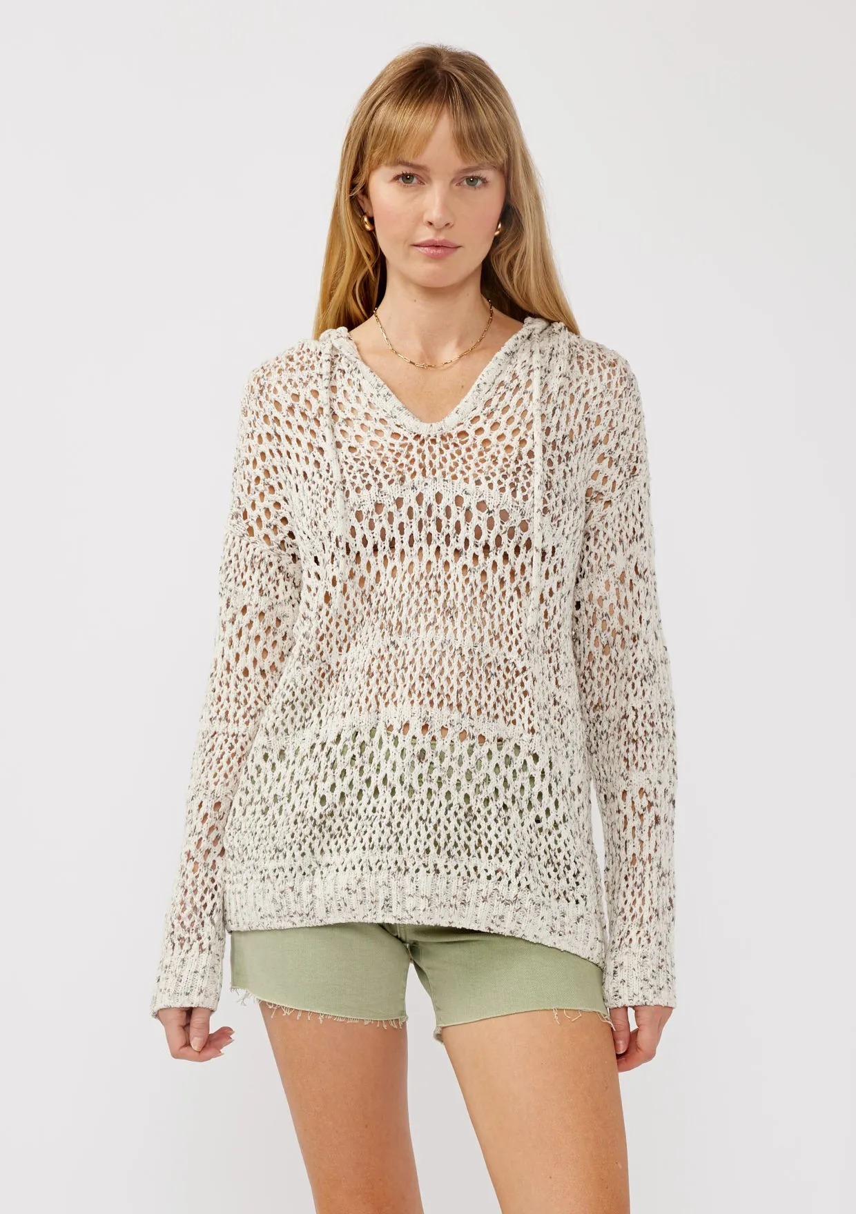 Long Sleeve Open Knit Crochet Pullover Hoodie