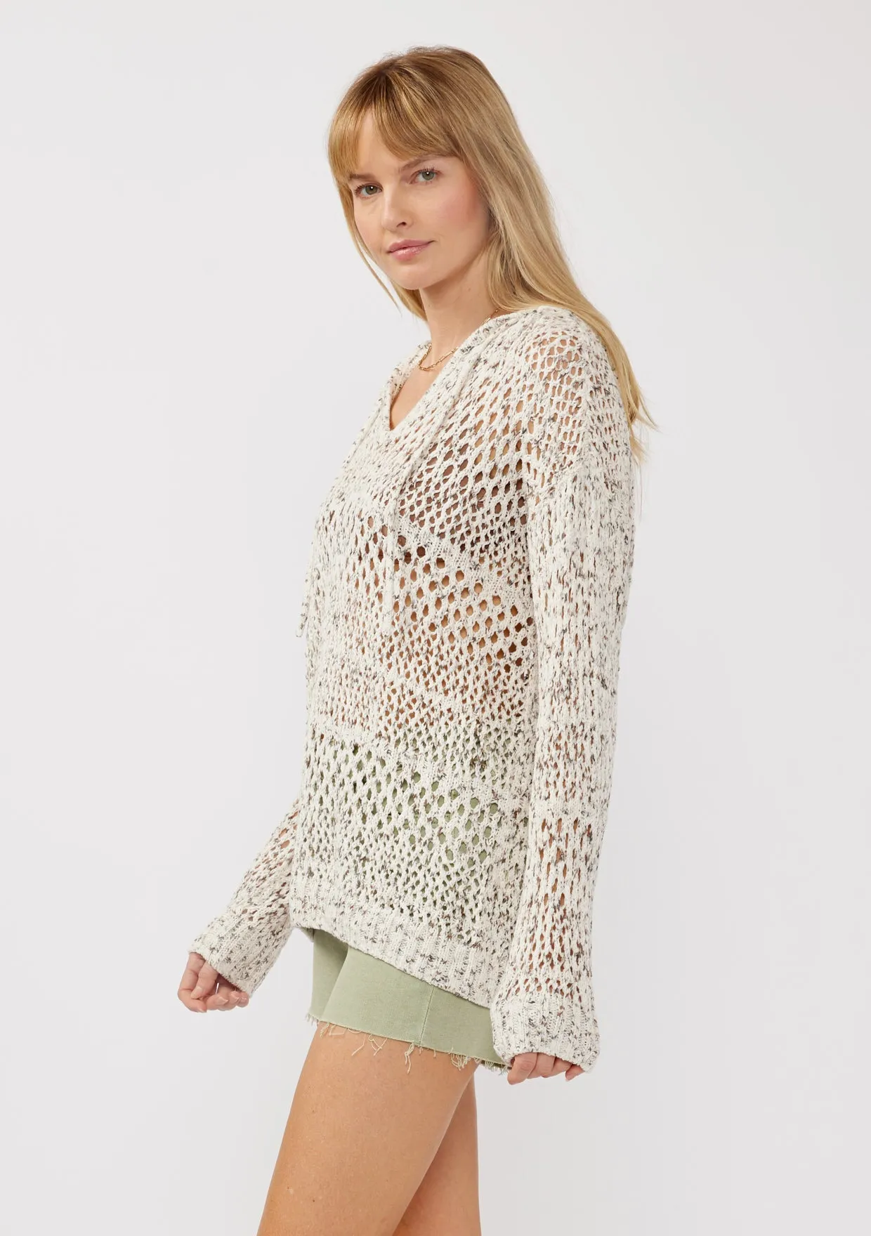 Long Sleeve Open Knit Crochet Pullover Hoodie