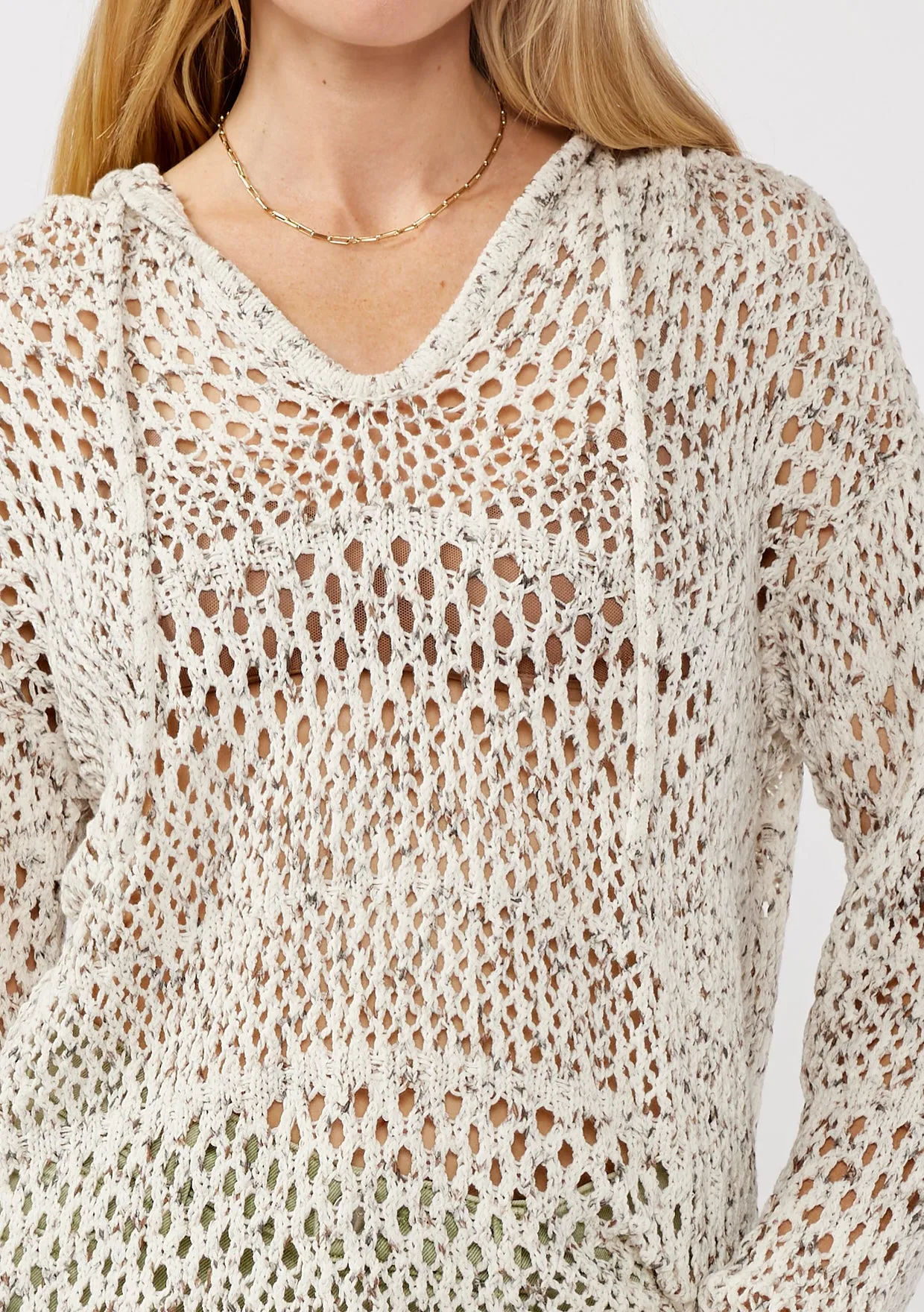 Long Sleeve Open Knit Crochet Pullover Hoodie