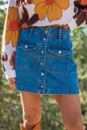 Looking Back Medium Wash Button Front Denim Mini Skirt FINAL SALE