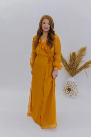 Lost in Love Ruffle Tie Waist Maxi Wrap Dress- Apricot