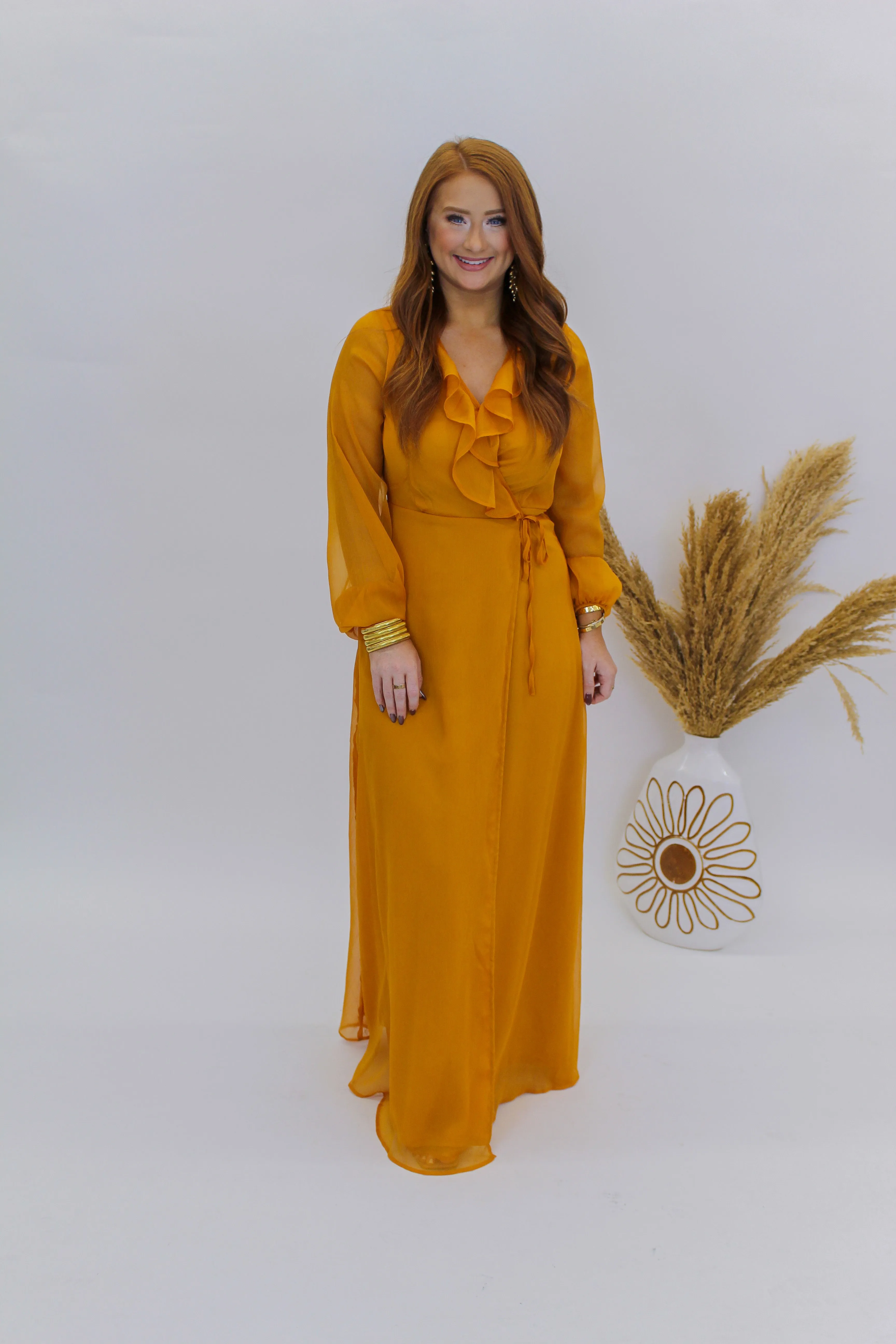 Lost in Love Ruffle Tie Waist Maxi Wrap Dress- Apricot