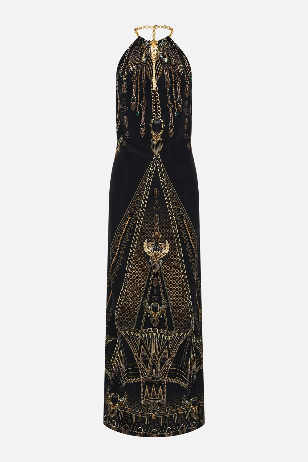 LOW BACK LONG DRESS WITH NECK HARDWARE CALL ME CLEOPATRA