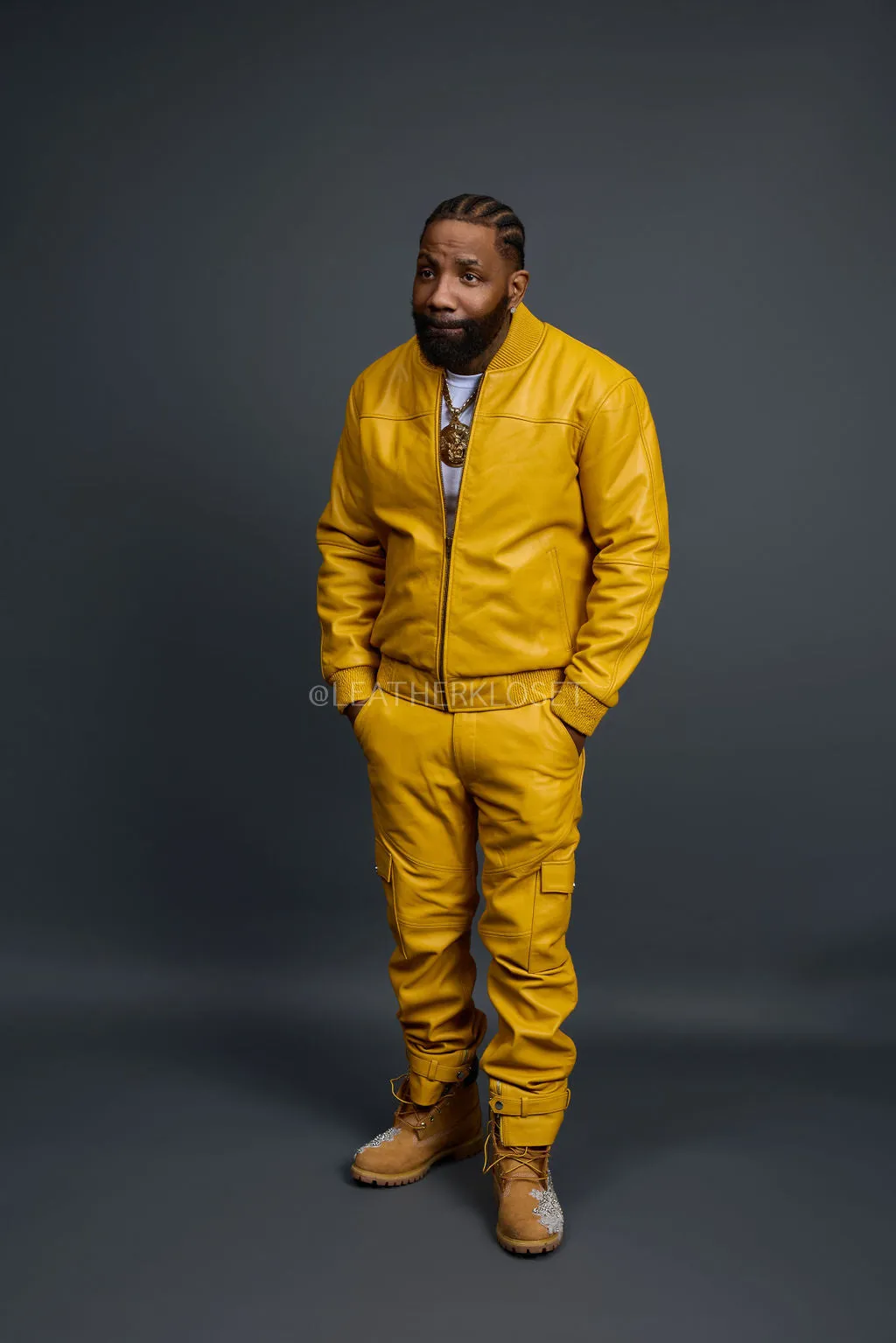 Men's Sunshine Set With Leather Stack Pants [Yellow]