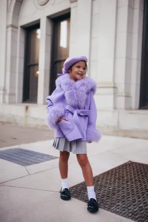 MI LOVES SIGNATURE Luxurious Anna cashmere kids coat with Fox fur trim and cuffs in Beautiful  Purple colour .