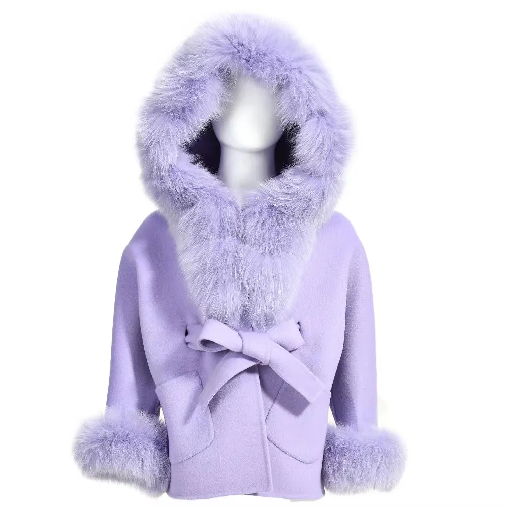 MI LOVES SIGNATURE Luxurious Anna cashmere kids coat with Fox fur trim and cuffs in Beautiful  Purple colour .