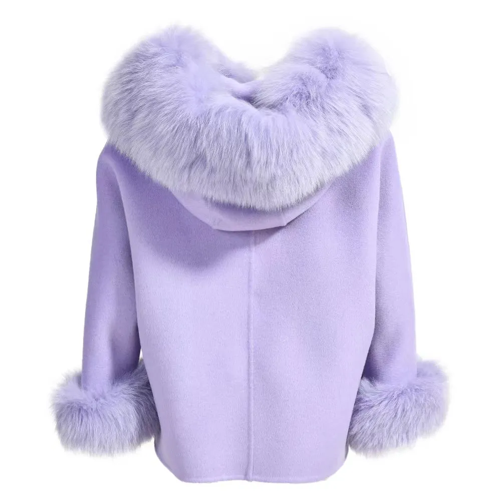 MI LOVES SIGNATURE Luxurious Anna cashmere kids coat with Fox fur trim and cuffs in Beautiful  Purple colour .