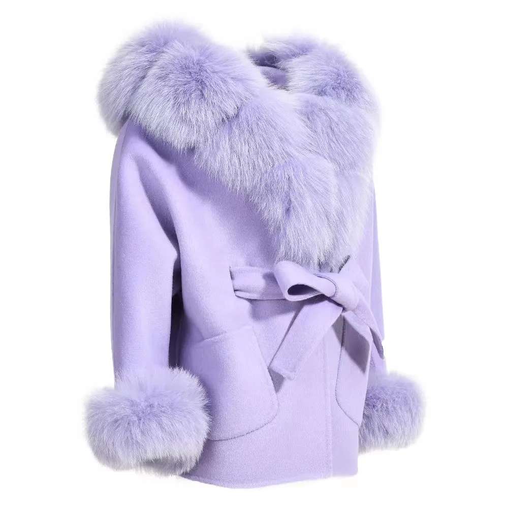 MI LOVES SIGNATURE Luxurious Anna cashmere kids coat with Fox fur trim and cuffs in Beautiful  Purple colour .