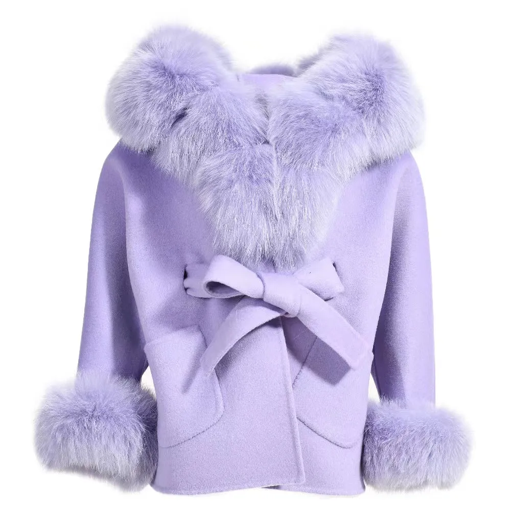 MI LOVES SIGNATURE Luxurious Anna cashmere kids coat with Fox fur trim and cuffs in Beautiful  Purple colour .