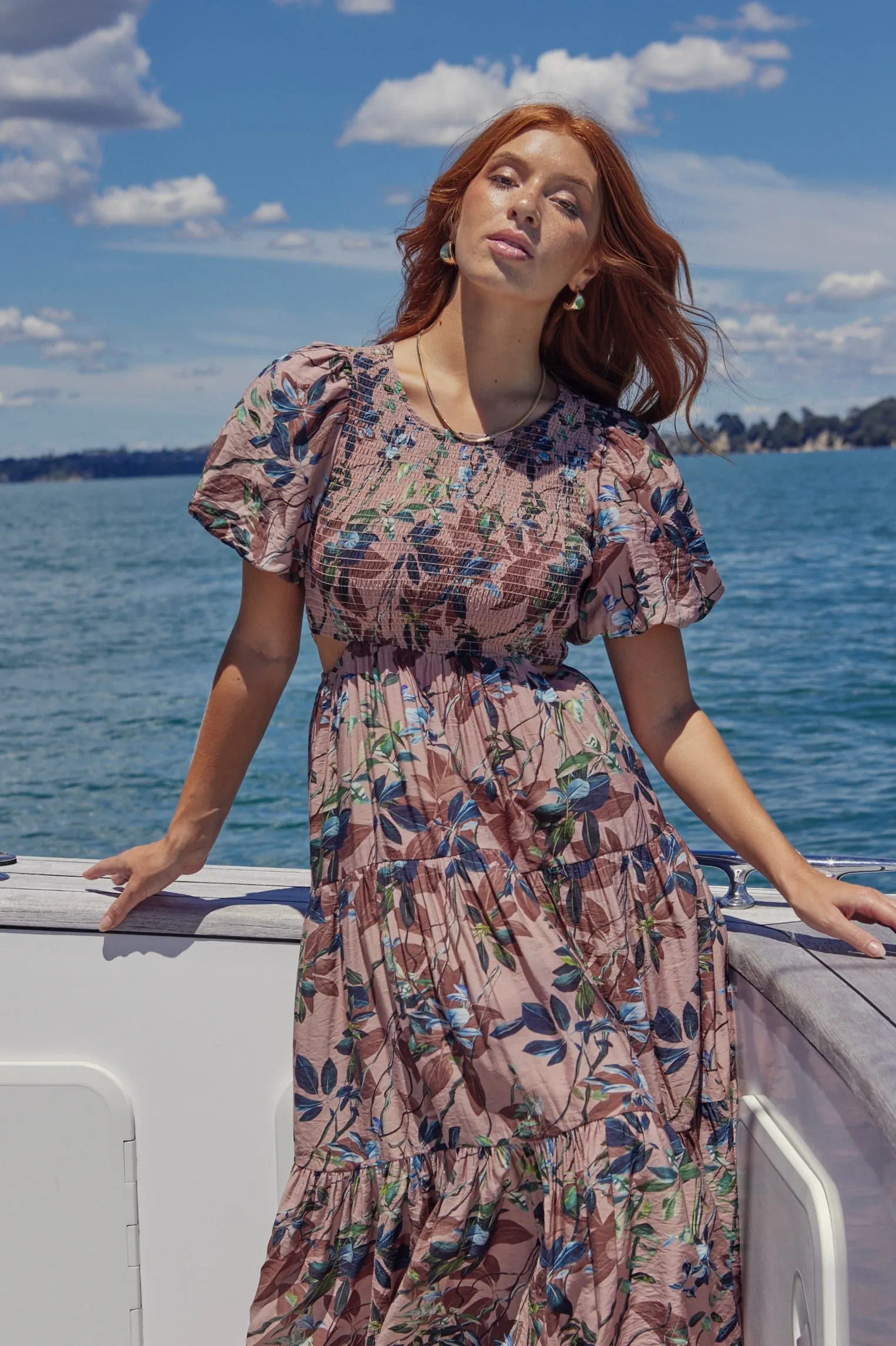 Milano Blush Paradise Puff Sleeve Cut Out Tiered Maxi Dress