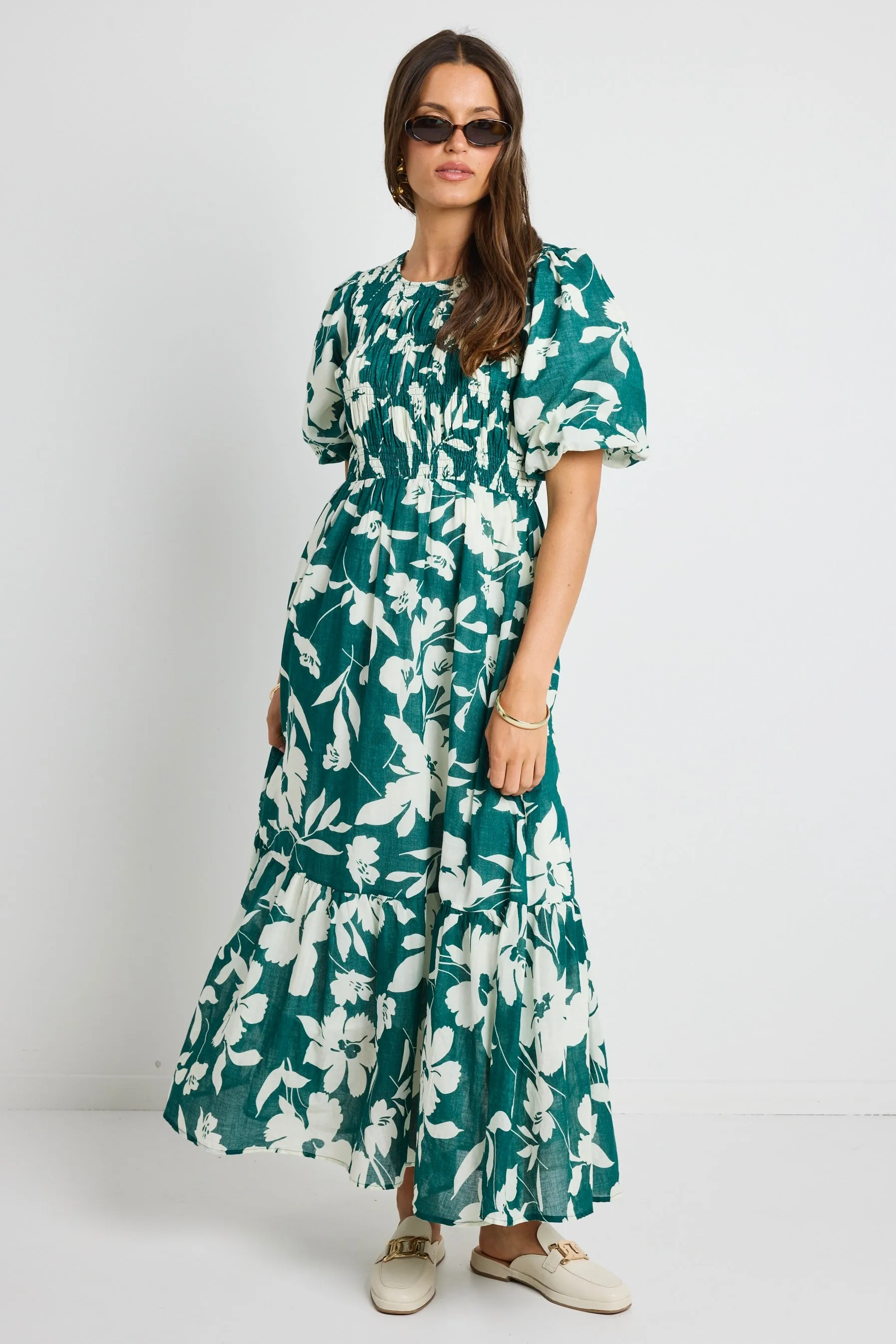 Milano Forest Floral Puff Sleeve Tiered Maxi Dress