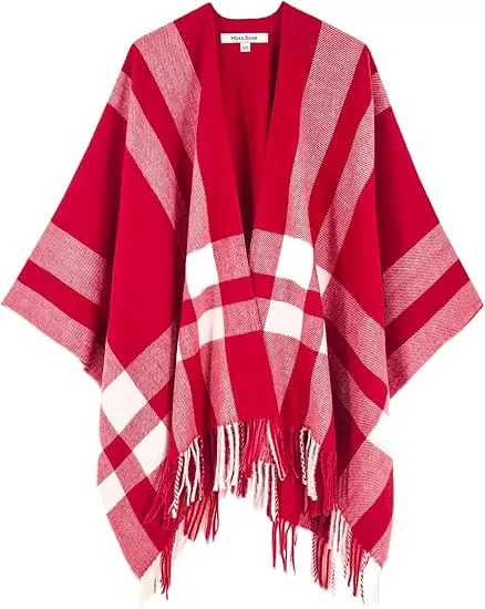 Navy Blue Winter Chic Plaid Poncho Cardigan