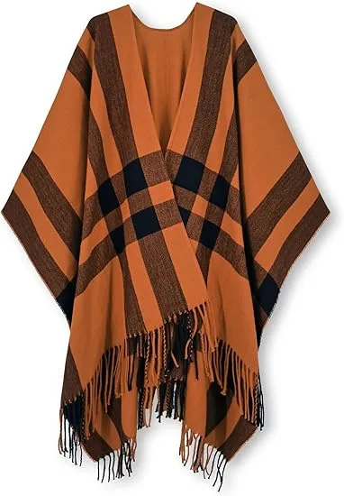 Navy Blue Winter Chic Plaid Poncho Cardigan