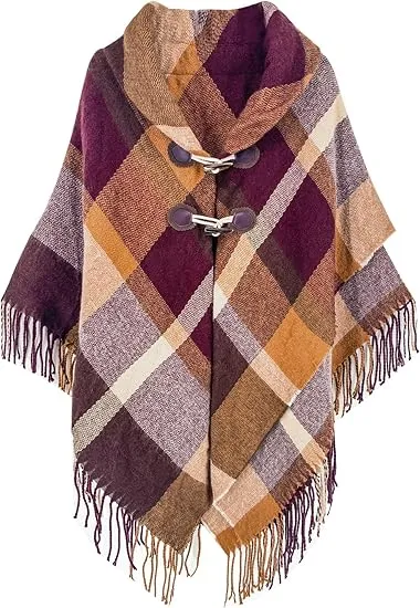 Navy Blue Winter Chic Plaid Poncho Cardigan
