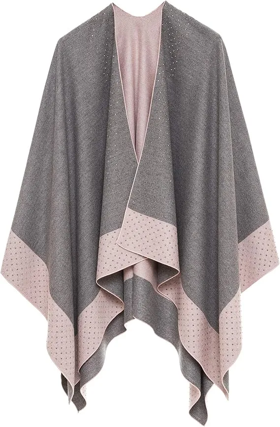 Navy-Gray Luxurious Knit Sweater Poncho Cardigan