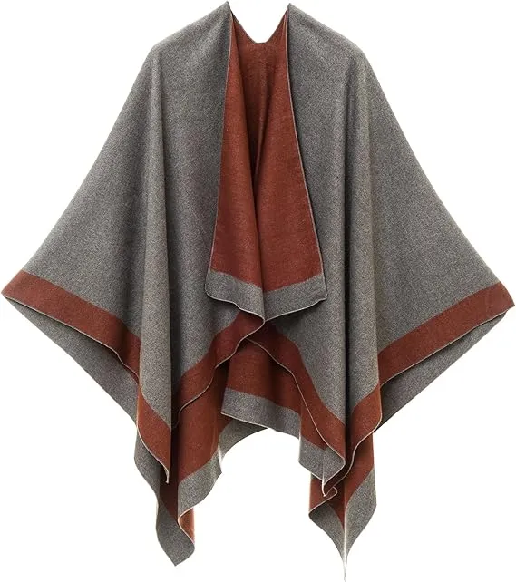 Navy-Gray Luxurious Knit Sweater Poncho Cardigan