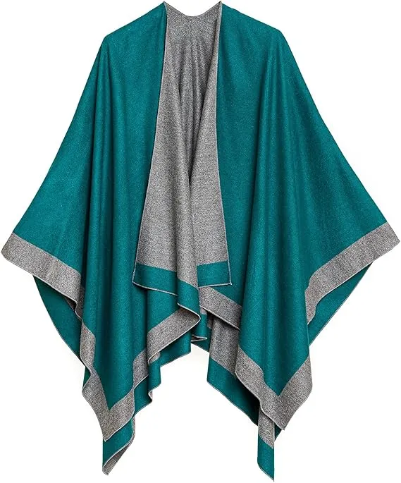 Navy-Gray Luxurious Knit Sweater Poncho Cardigan