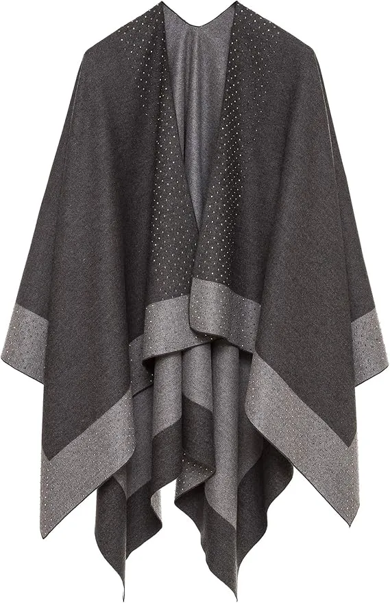 Navy-Gray Luxurious Knit Sweater Poncho Cardigan
