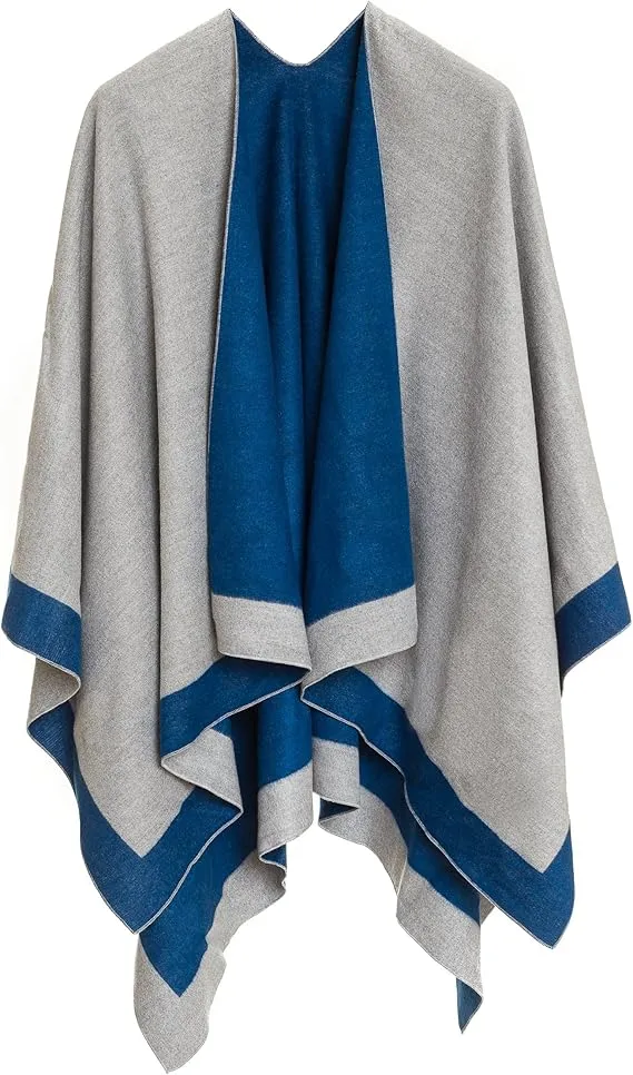 Navy-Gray Luxurious Knit Sweater Poncho Cardigan