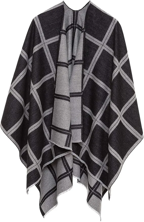 Navy-Gray Luxurious Knit Sweater Poncho Cardigan