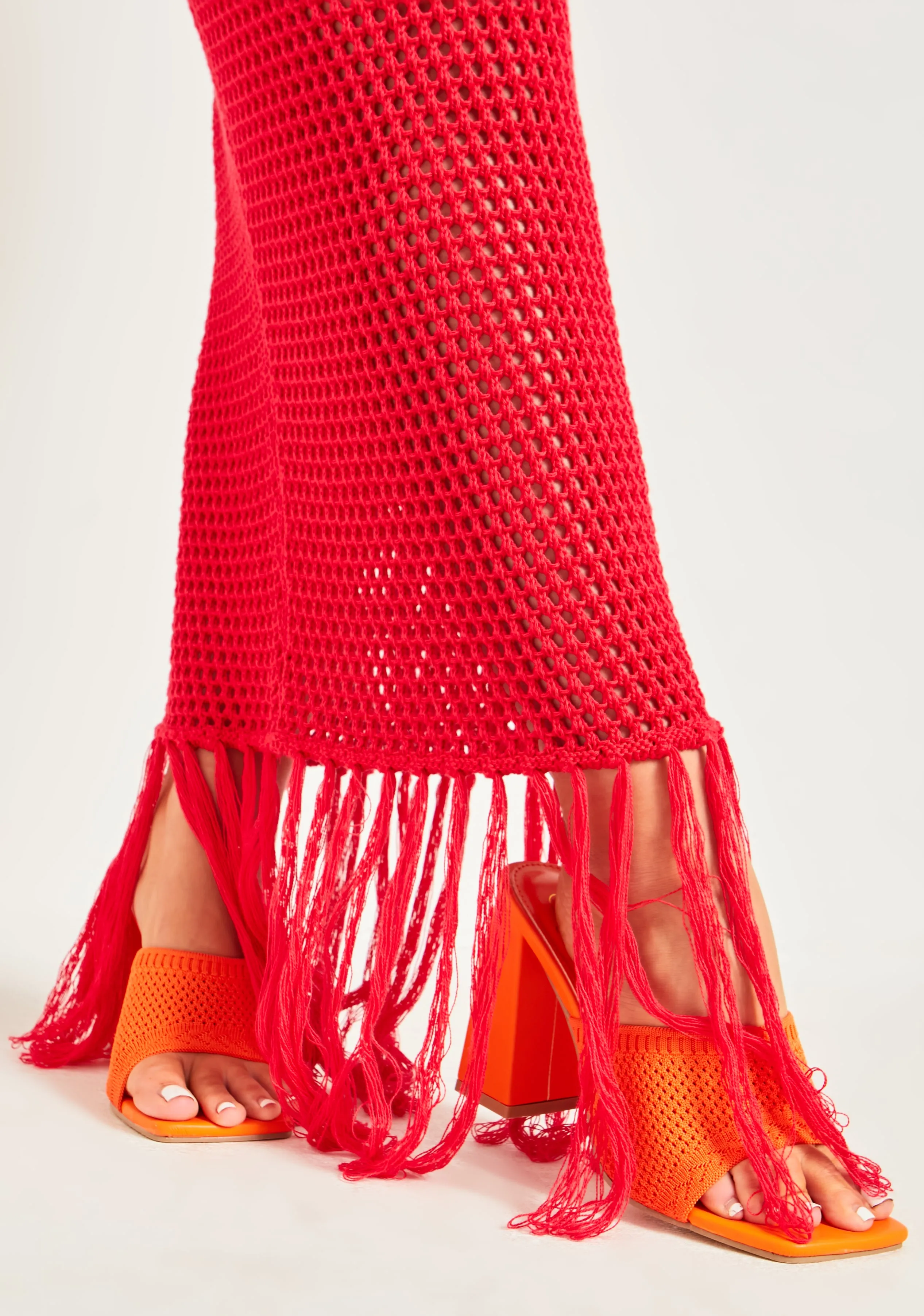Nyra Red Knitted Tassel Hem Maxi Skirt