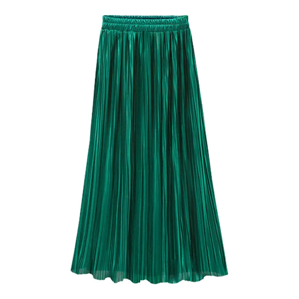 Pleated Satin Maxi Skirt Solid Colors