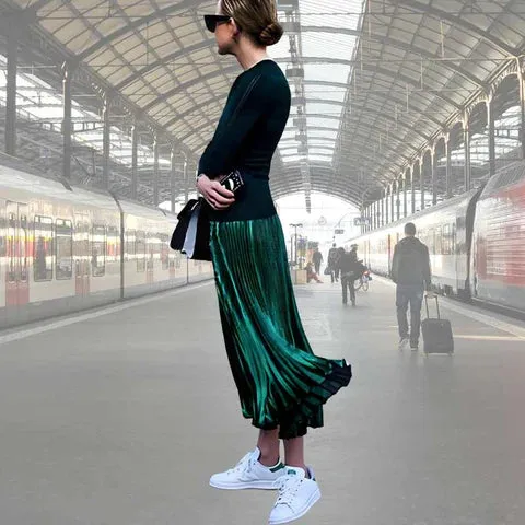 Pleated Satin Maxi Skirt Solid Colors
