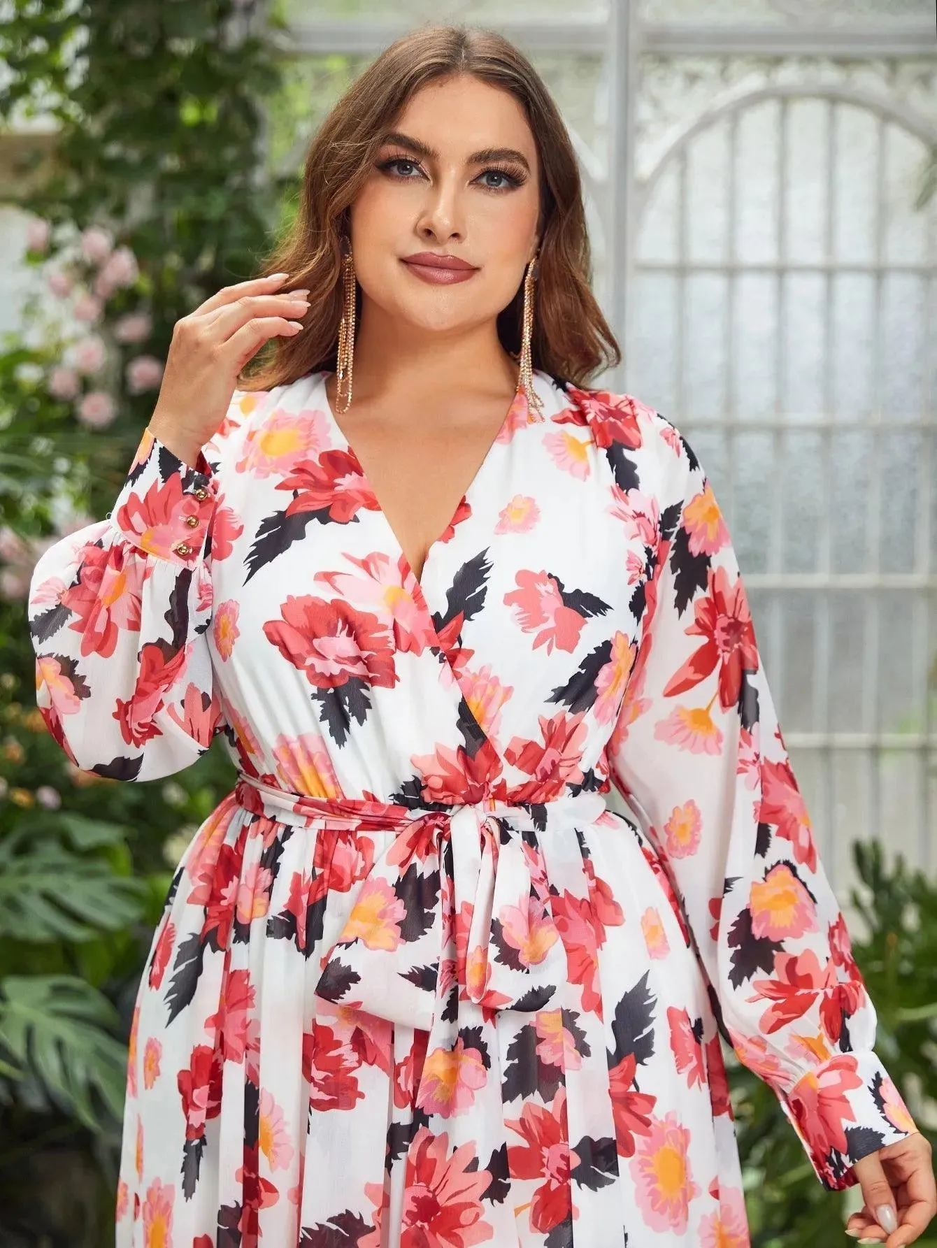 Plus Floral Elegance Long-Sleeve Maxi Dress