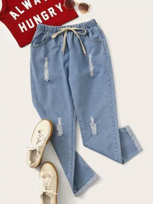 Plus Ripped Drawstring Waist Jeans
