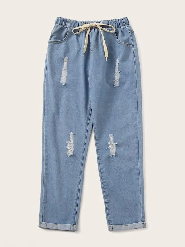 Plus Ripped Drawstring Waist Jeans
