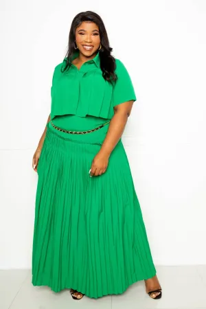 Plus Size 2 piece Green Pleated Cropped Short Sleeve Shirt And Maxi Skirt Set