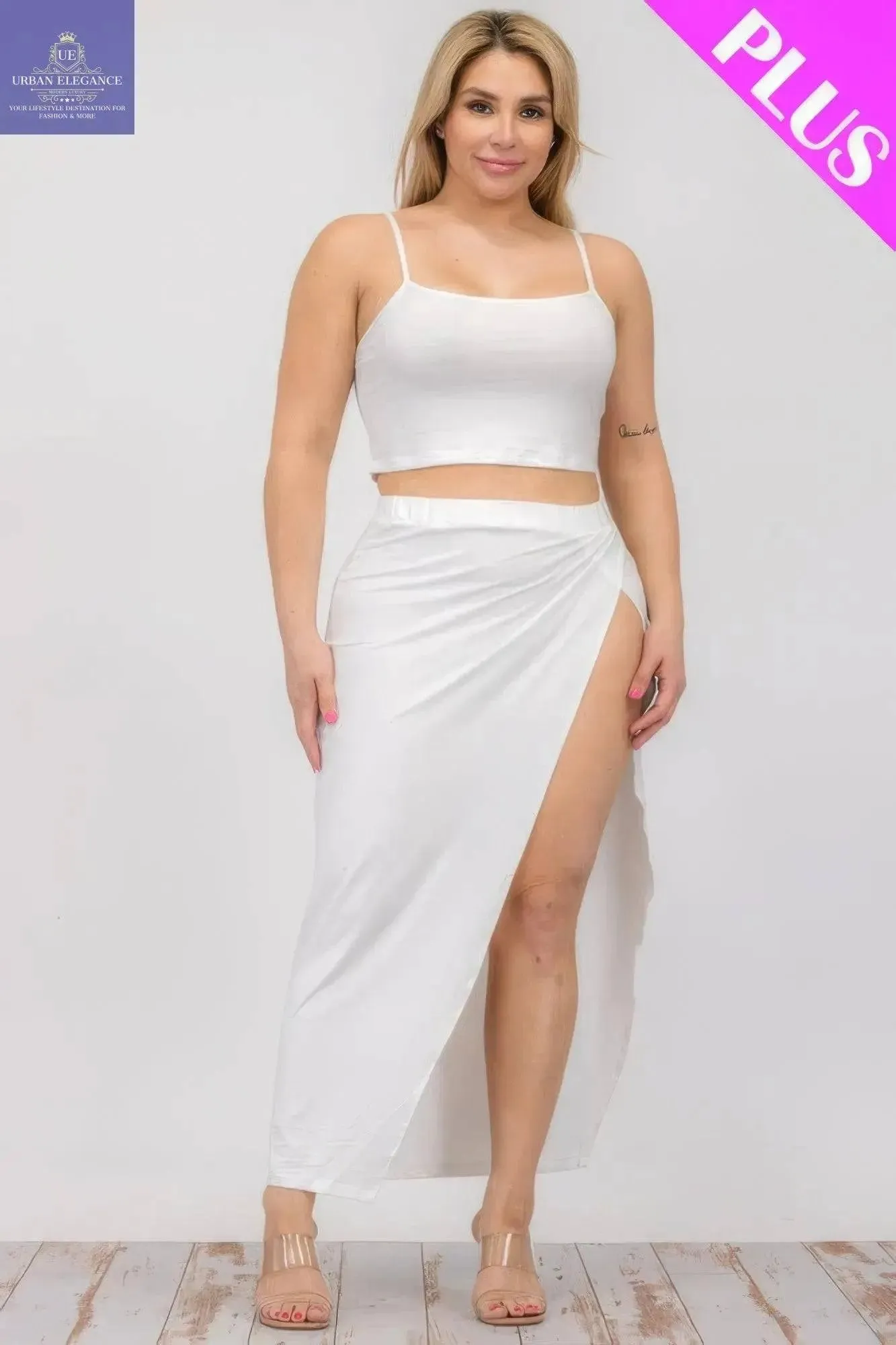 Plus Size White Crop Cami & Maxi Skirt Set