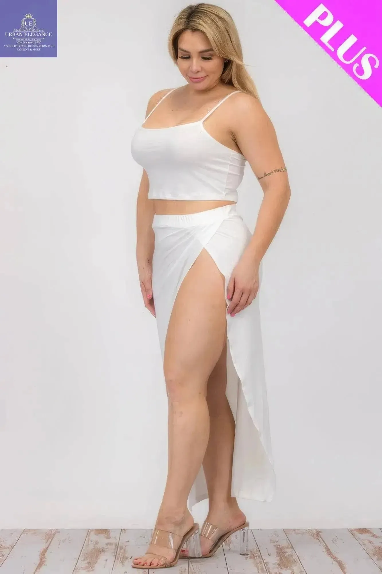 Plus Size White Crop Cami & Maxi Skirt Set