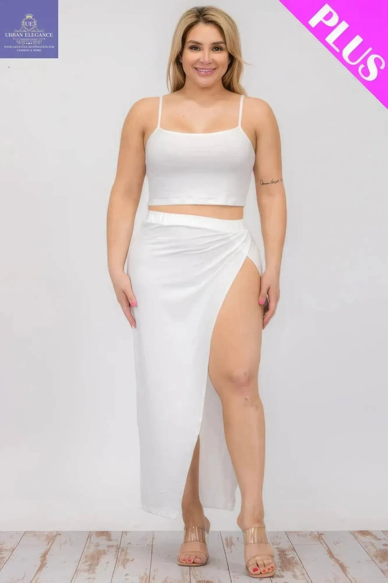 Plus Size White Crop Cami & Maxi Skirt Set