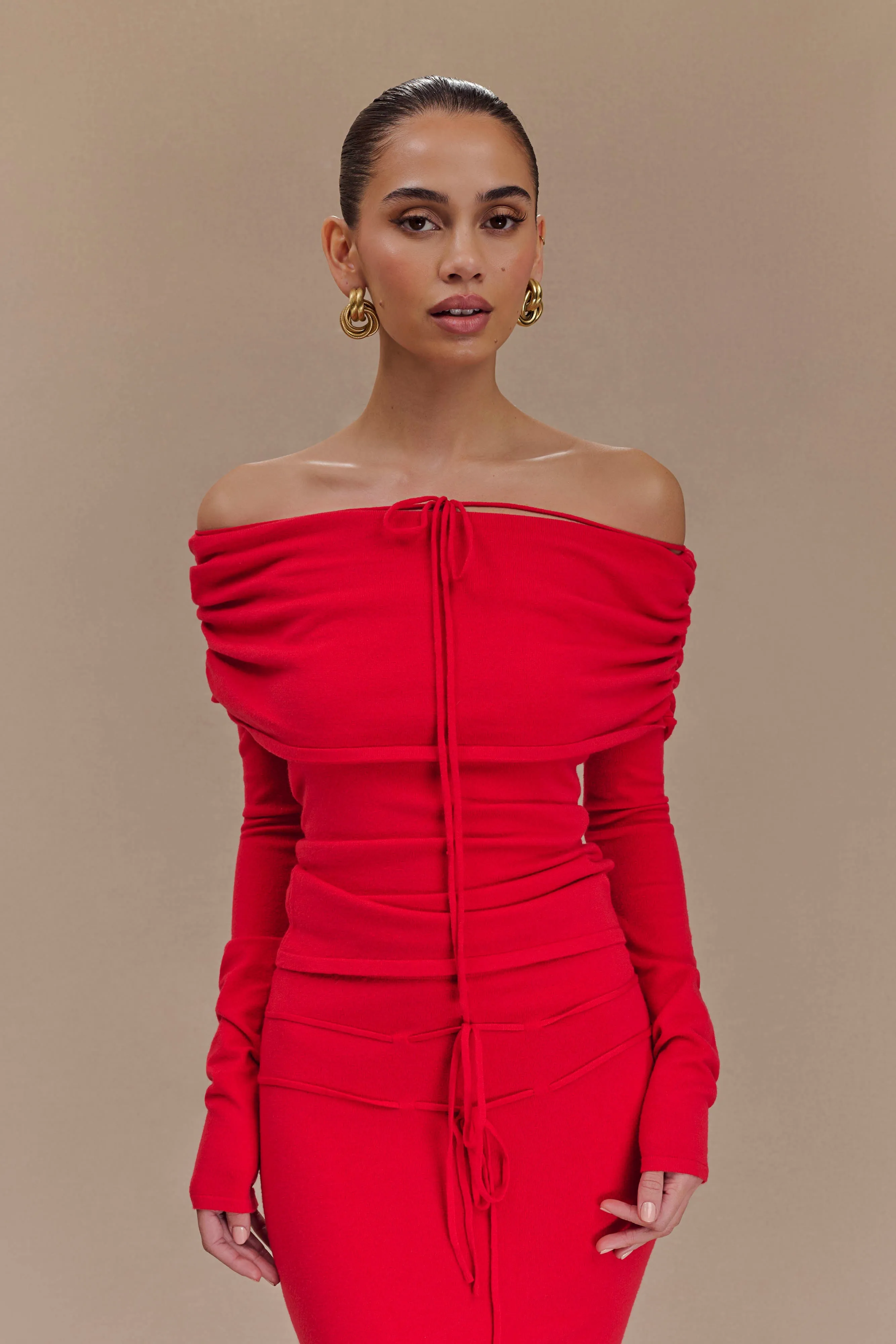 Polly Off Shoulder Long Sleeve Knit Top - Red