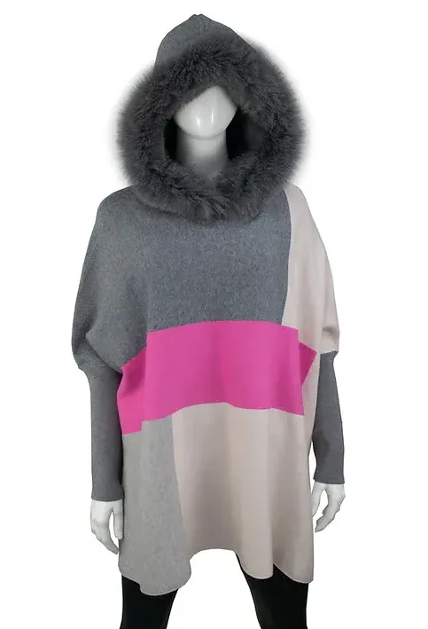 Poncho with Sleeves - Fox Fur Hoodie - Colorblock
