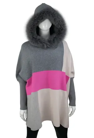 Poncho with Sleeves - Fox Fur Hoodie - Colorblock