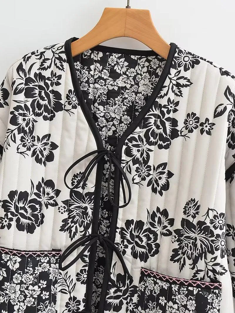 Printed V-neck European style coat