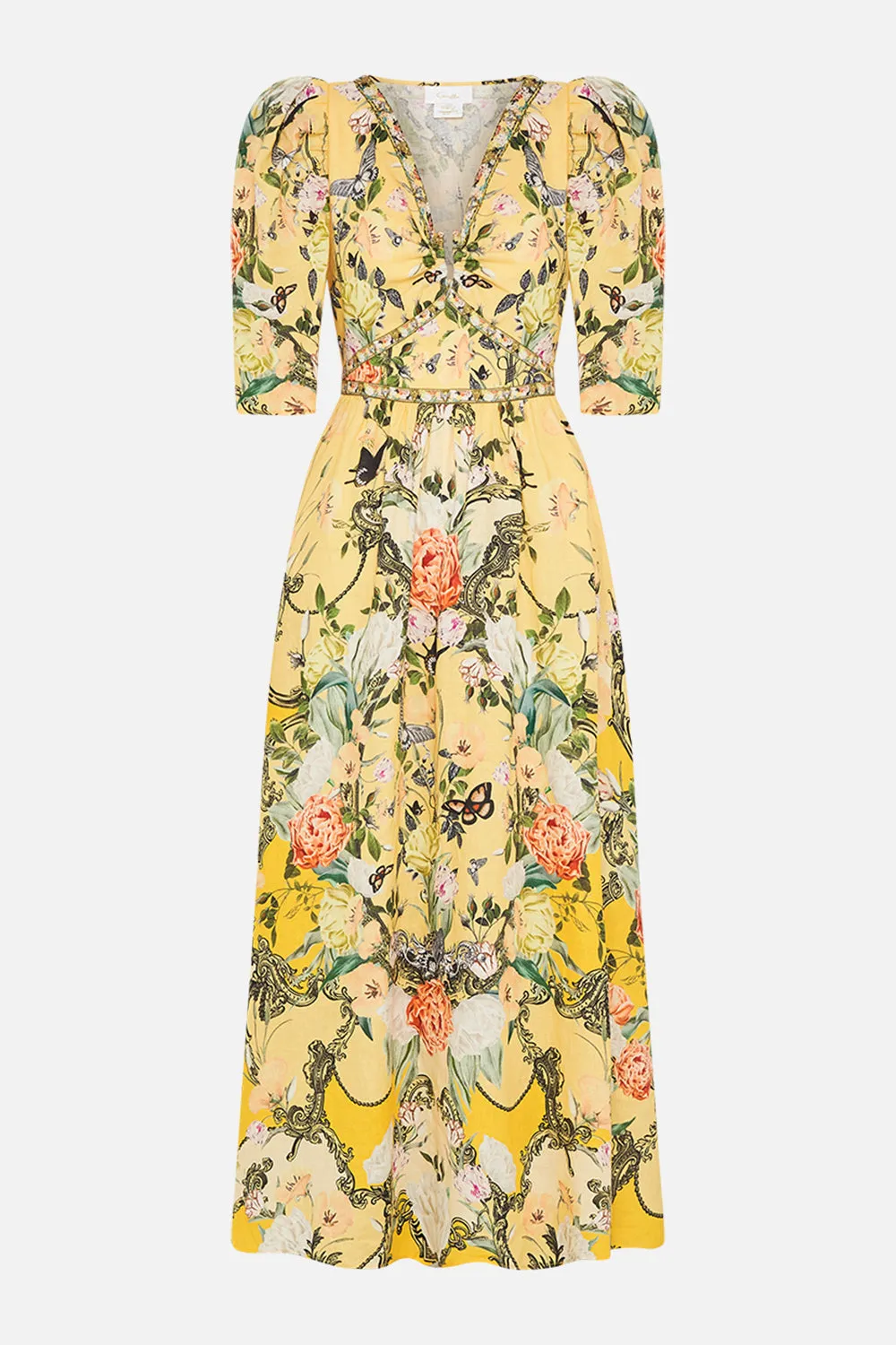 PUFF SLEEVE LONG DRESS WITH HARDWARE PATHS OF GOLD