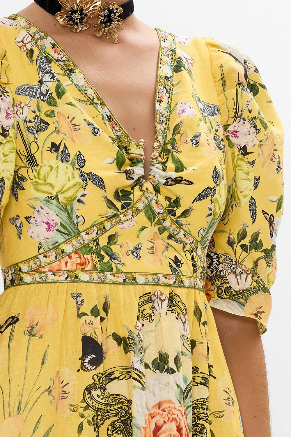PUFF SLEEVE LONG DRESS WITH HARDWARE PATHS OF GOLD