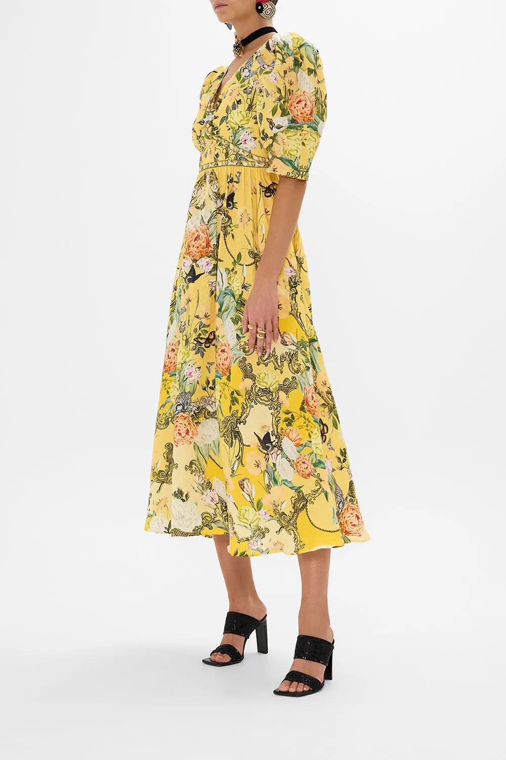 PUFF SLEEVE LONG DRESS WITH HARDWARE PATHS OF GOLD