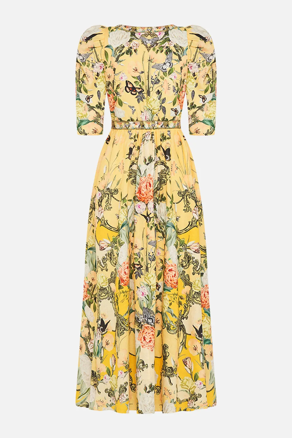 PUFF SLEEVE LONG DRESS WITH HARDWARE PATHS OF GOLD