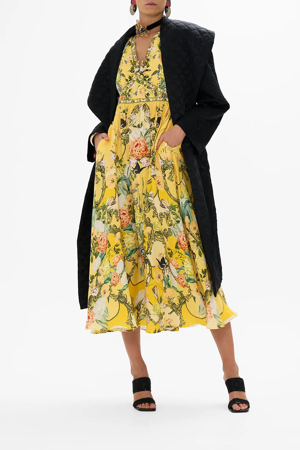PUFF SLEEVE LONG DRESS WITH HARDWARE PATHS OF GOLD
