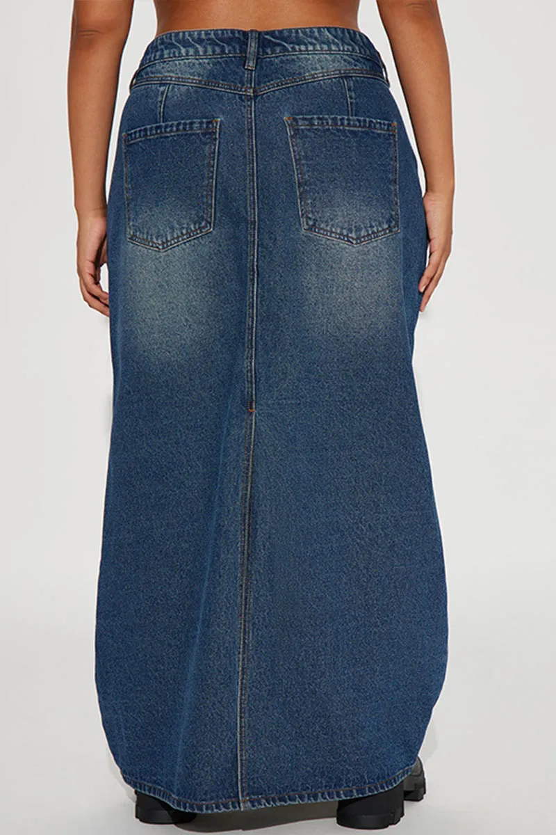 QI800 Distressed Denim Maxi Skirt