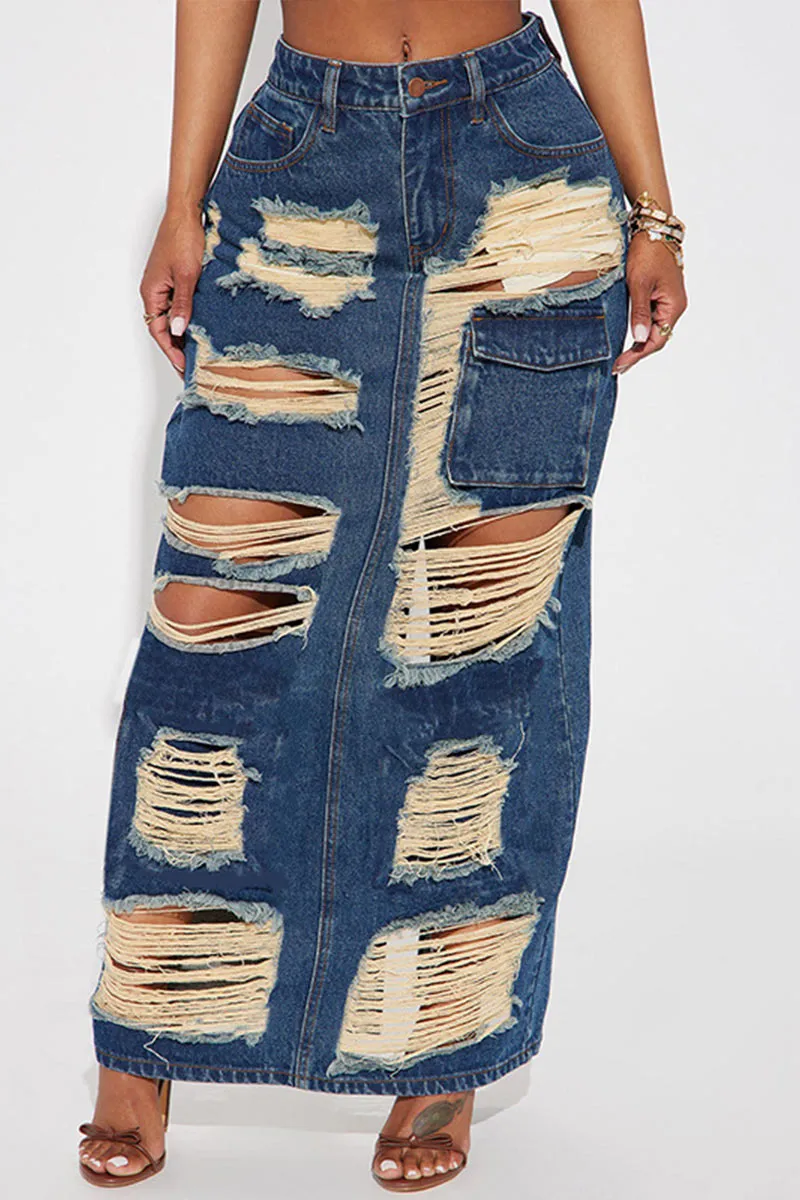 QI800 Distressed Denim Maxi Skirt