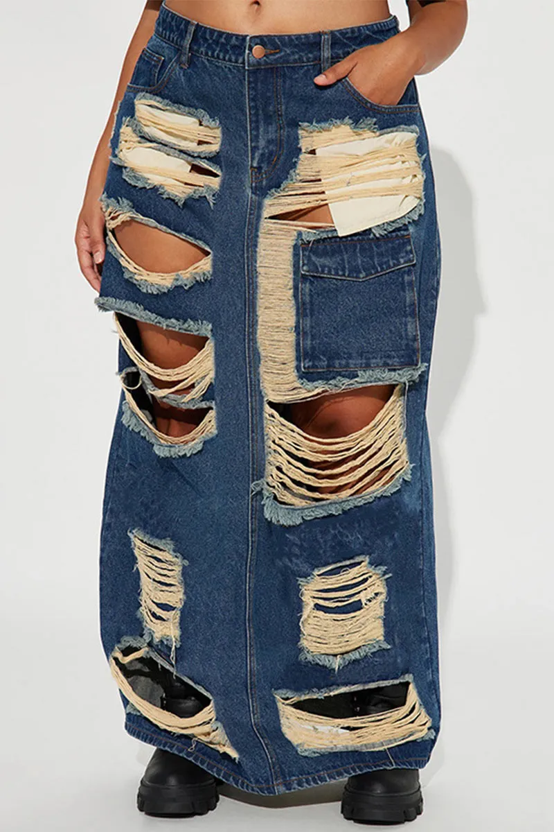 QI800 Distressed Denim Maxi Skirt